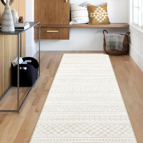 Aoyaomi Runner Rug 2x5 Boho Geometric Area Rugs Small Washable Kitchen Rug Soft Non Slip Moroccan Long Hallway Rugs for Bedroom Bathroom Laundry Entryway Staircase FoyerBeige2X5 - Image 1