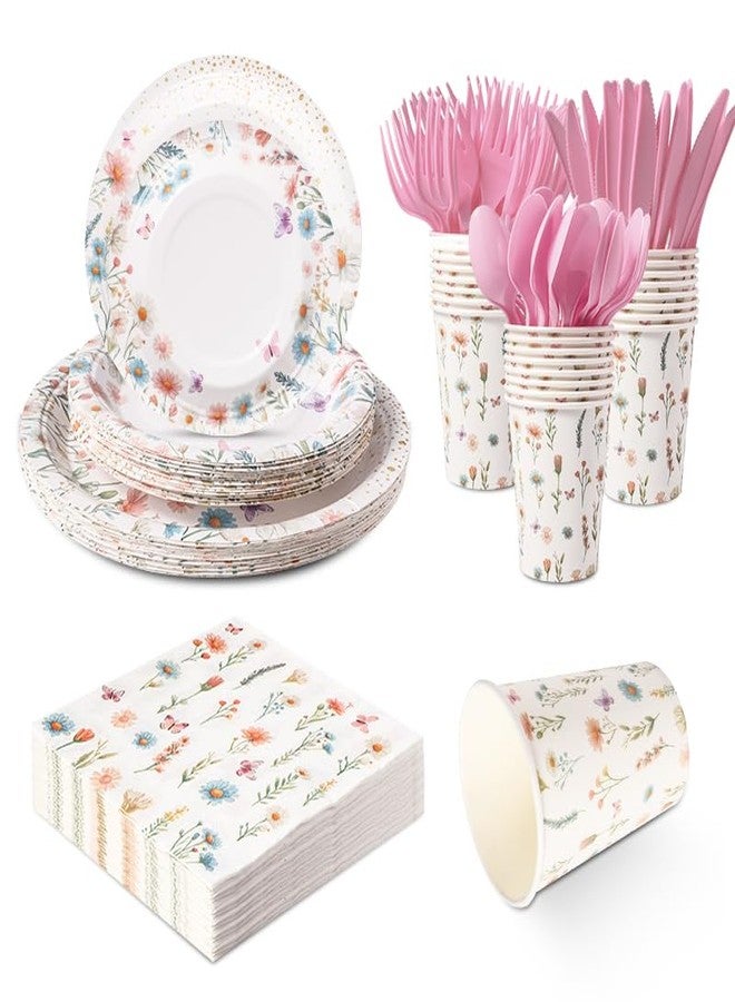 BHHQHH 168Pcs Wildflower Party Supplies for 24 Guests Spring Floral Baby Shower Birthday Decorations Disposable Paper Plates and Napkins Knives Spoons Forks Cups for Baby Bridal Shower Birthday Party - Image 1