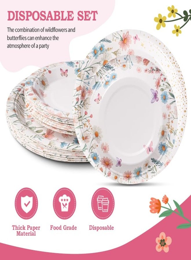 BHHQHH 168Pcs Wildflower Party Supplies for 24 Guests Spring Floral Baby Shower Birthday Decorations Disposable Paper Plates and Napkins Knives Spoons Forks Cups for Baby Bridal Shower Birthday Party - Image 3