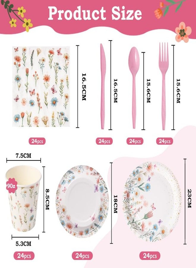 BHHQHH 168Pcs Wildflower Party Supplies for 24 Guests Spring Floral Baby Shower Birthday Decorations Disposable Paper Plates and Napkins Knives Spoons Forks Cups for Baby Bridal Shower Birthday Party - Image 2