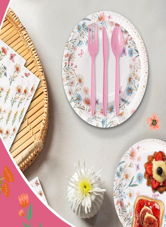 BHHQHH 168Pcs Wildflower Party Supplies for 24 Guests Spring Floral Baby Shower Birthday Decorations Disposable Paper Plates and Napkins Knives Spoons Forks Cups for Baby Bridal Shower Birthday Party - Image 4