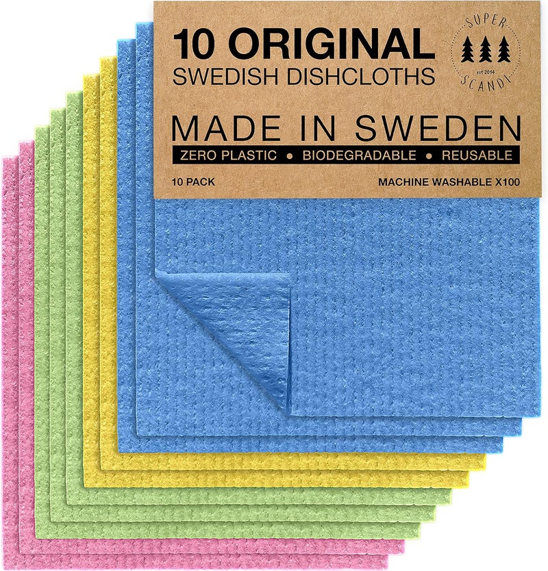 سوبر سكاندي مناديل شاي سويدية من SUPERSCANDI، حزمة من 10 قطع، قابلة للتحلل البيولوجي والتسميد بنسبة 100%، قابلة لإعادة الاستخدام وآمنة للطعام، خالية من البلاستيك، متعددة الألوان - Image 1