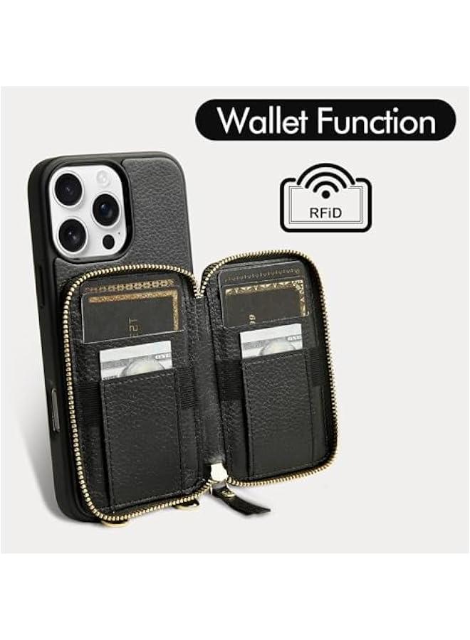 ZVE for iPhone 16 Pro Max Wallet Case, Zipper Crossbody Case with Wrist Strap Card Holder Protective Cover for Women for iPhone 16 Pro Max 6.9 Black - Image 2