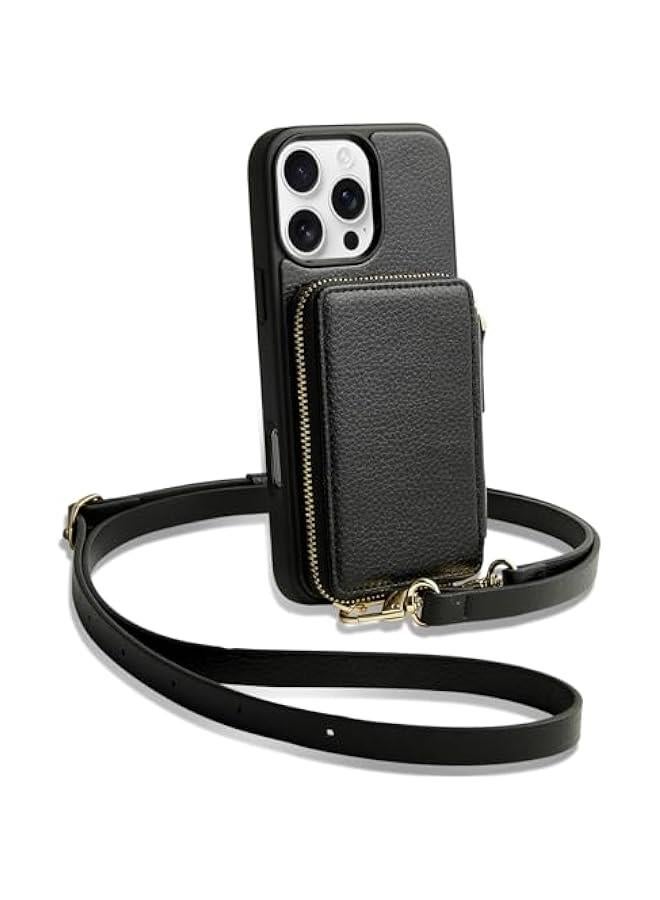 ZVE for iPhone 16 Pro Max Wallet Case, Zipper Crossbody Case with Wrist Strap Card Holder Protective Cover for Women for iPhone 16 Pro Max 6.9 Black - Image 1