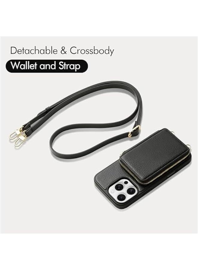ZVE for iPhone 16 Pro Max Wallet Case, Zipper Crossbody Case with Wrist Strap Card Holder Protective Cover for Women for iPhone 16 Pro Max 6.9 Black - Image 5