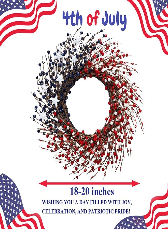 BINFEN 4th of July Wreath - Red White Blue Berry Patriotic Wreaths for Front Door, Memorial & Independence Day Decorations, Americana Decor for Porch Wall Window Indoor Outdoor，18"-20" - Image 4