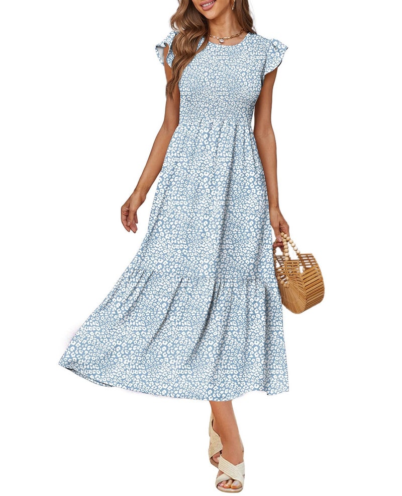 OFEEFAN Summer Dress Maxi Dresses for Women 2025 Beach Dress Flutter Sleeve Blue S - Image 2