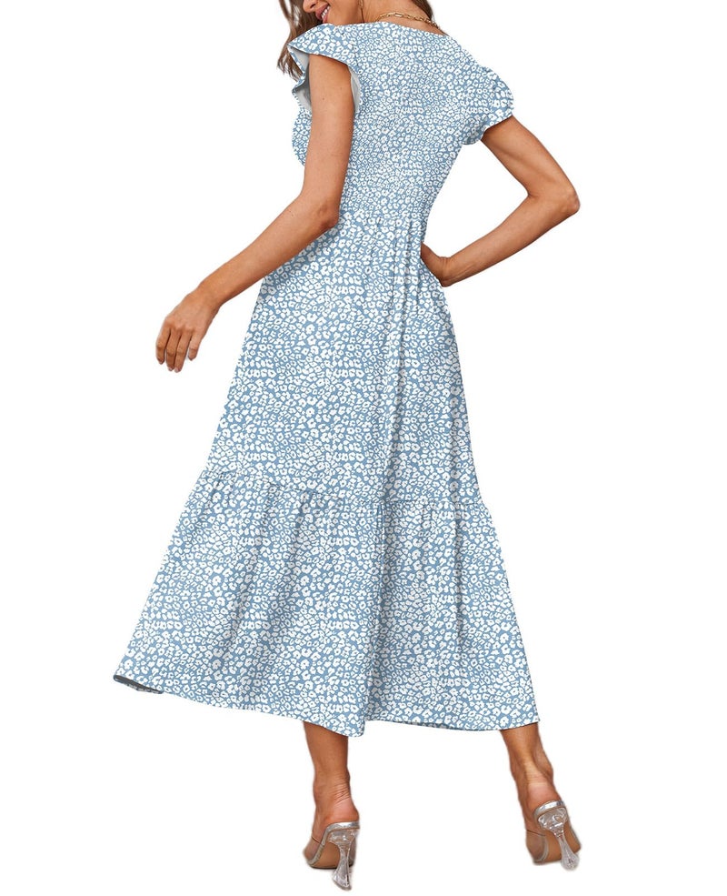 OFEEFAN Summer Dress Maxi Dresses for Women 2025 Beach Dress Flutter Sleeve Blue S - Image 3