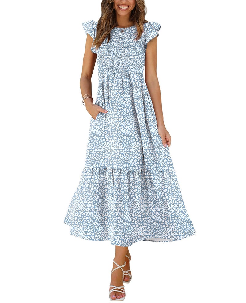 OFEEFAN Summer Dress Maxi Dresses for Women 2025 Beach Dress Flutter Sleeve Blue S - Image 1