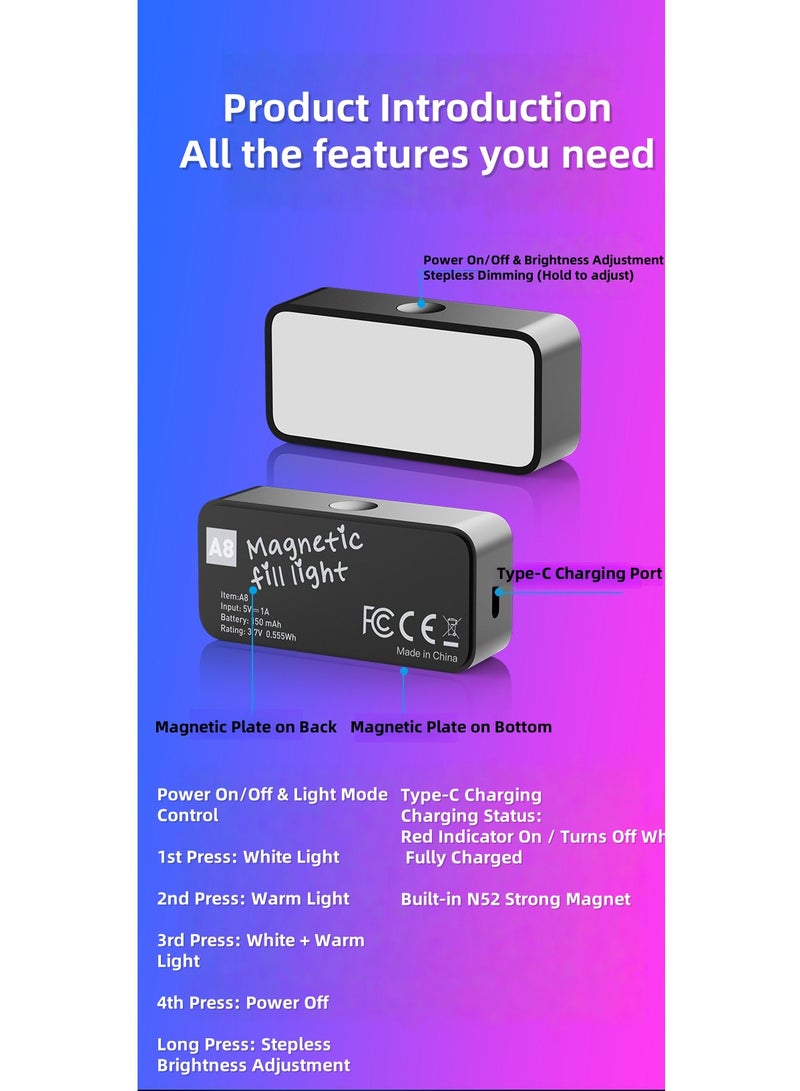 1-piece universal magnetic mini fill light portable pocket light LED video conferencing mobile phone fill light, three lighting modes, built-in N52 strong magnet, 30 LED lamp beads on board, the light can be seen directly by the eyes - Image 5
