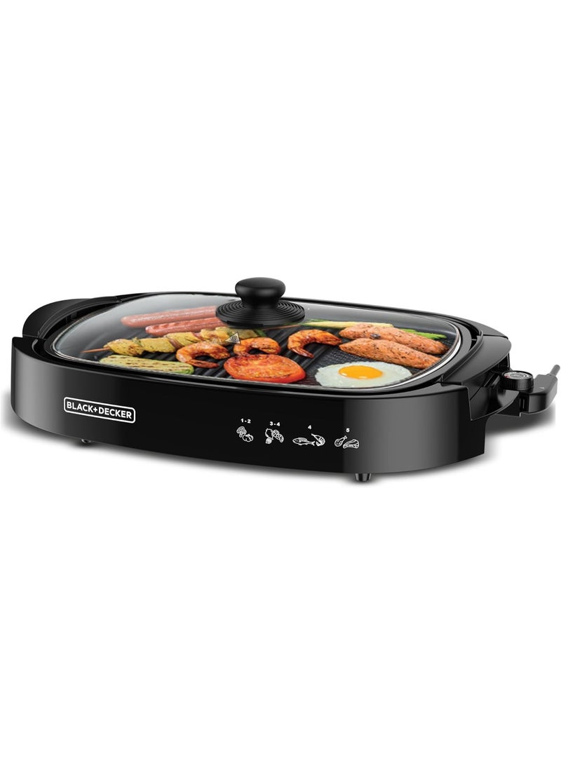 BLACK&DECKER Electric Health Grill, 1500W, Family-Sized Non-Stick Griddle with Glass Lid, 5-Level Temperature Control, Cool-Touch Handles, Efficient Fat Draining, Dishwasher Safe  - Image 1