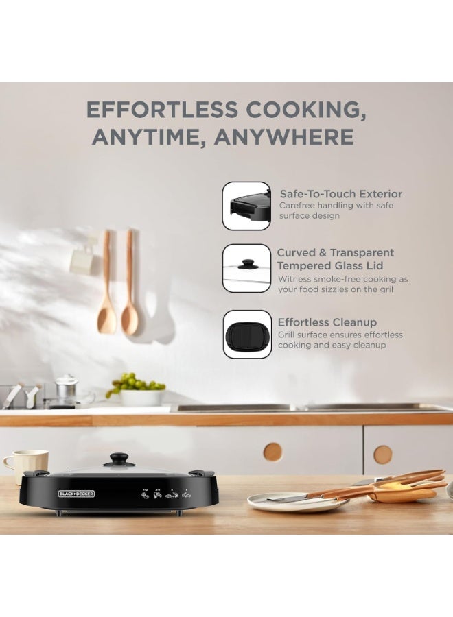 BLACK&DECKER Electric Health Grill, 1500W, Family-Sized Non-Stick Griddle with Glass Lid, 5-Level Temperature Control, Cool-Touch Handles, Efficient Fat Draining, Dishwasher Safe  - Image 2