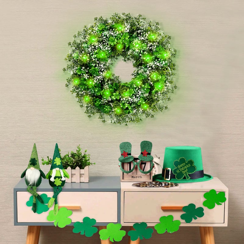 Sggvecsy 17.7â€™â€™ St. Patrick's Day Shamrocks Wreath for Front Door with 30 Green Lights Artificial Greenery Clover Wreath for Irish St. Patrick's Day Decoration Wall Window Outdoor Indoor Home Decor - Image 4