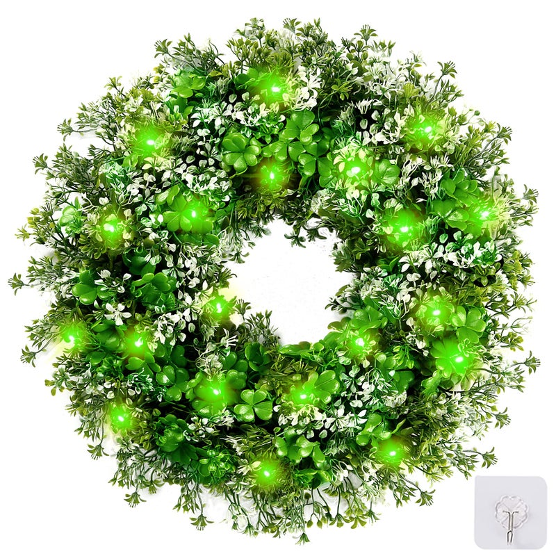 Sggvecsy 17.7â€™â€™ St. Patrick's Day Shamrocks Wreath for Front Door with 30 Green Lights Artificial Greenery Clover Wreath for Irish St. Patrick's Day Decoration Wall Window Outdoor Indoor Home Decor - Image 1