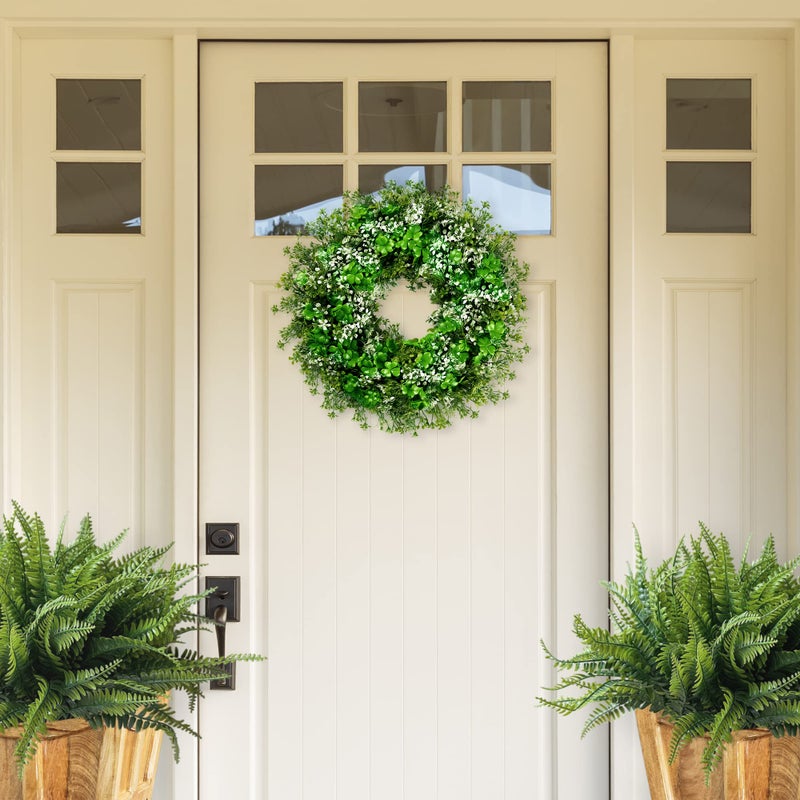 Sggvecsy 17.7â€™â€™ St. Patrick's Day Shamrocks Wreath for Front Door with 30 Green Lights Artificial Greenery Clover Wreath for Irish St. Patrick's Day Decoration Wall Window Outdoor Indoor Home Decor - Image 2