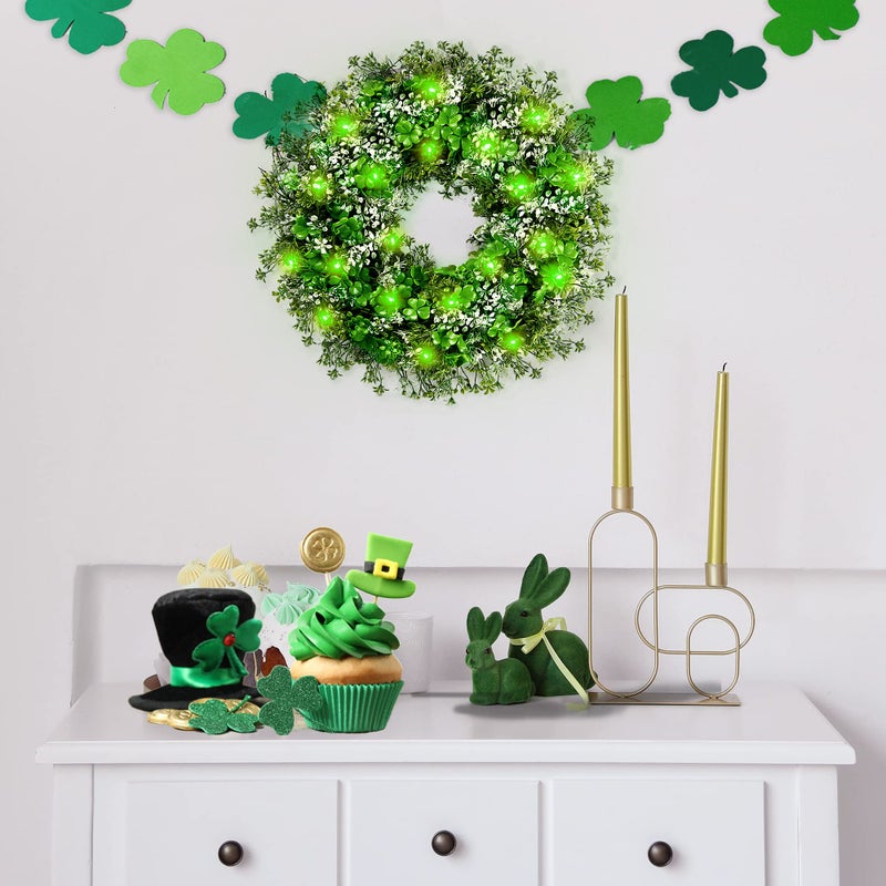 Sggvecsy 17.7â€™â€™ St. Patrick's Day Shamrocks Wreath for Front Door with 30 Green Lights Artificial Greenery Clover Wreath for Irish St. Patrick's Day Decoration Wall Window Outdoor Indoor Home Decor - Image 5