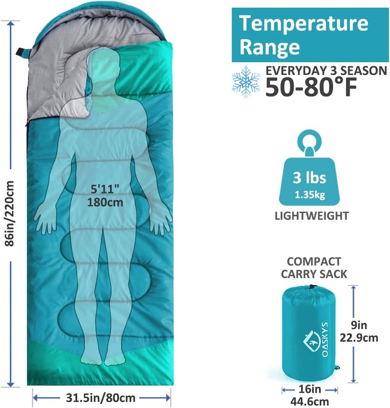 oaskys Camping Sleeping Bag - 3 Season Warm & Cool Weather - Summer Spring Fall Lightweight Waterproof for Adults Kids - Camping Gear Equipment, Traveling, and Outdoors - Image 2