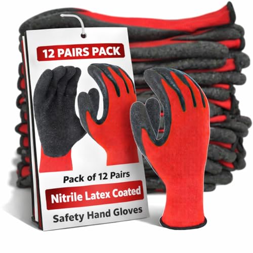 RK TRENDS Safety Gloves - Nylon Nitrile Coated Industrial & Home Cut Resistant Hand Gloves. (Black Red (Latex Coated), Pack of 12 Pairs) - Image 1