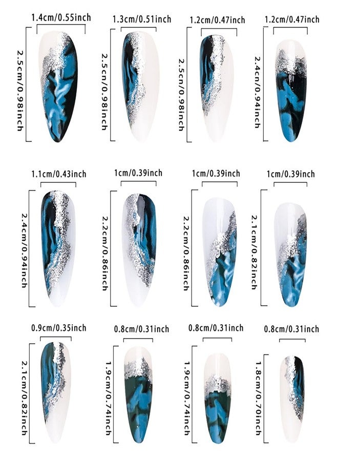 Vezocim Press on Almond Nails-24Pcs Glossy Full Cover Acrylic Fake Nails with Marble and Silver Line Designs Artificial Medium False Nails Fake Nails Glue Stick on Fingernails for Women Girls - Image 3