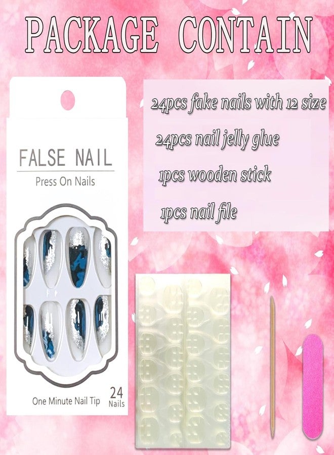 Vezocim Press on Almond Nails-24Pcs Glossy Full Cover Acrylic Fake Nails with Marble and Silver Line Designs Artificial Medium False Nails Fake Nails Glue Stick on Fingernails for Women Girls - Image 4