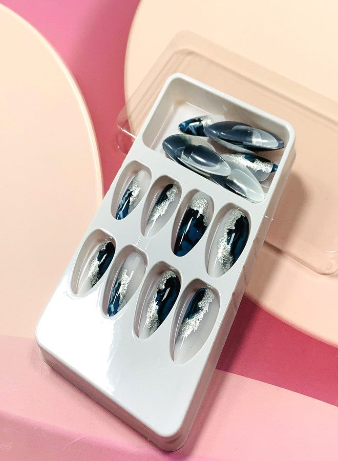 Vezocim Press on Almond Nails-24Pcs Glossy Full Cover Acrylic Fake Nails with Marble and Silver Line Designs Artificial Medium False Nails Fake Nails Glue Stick on Fingernails for Women Girls - Image 5