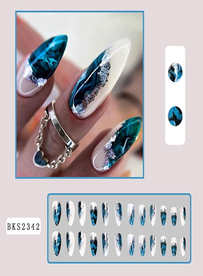 Vezocim Press on Almond Nails-24Pcs Glossy Full Cover Acrylic Fake Nails with Marble and Silver Line Designs Artificial Medium False Nails Fake Nails Glue Stick on Fingernails for Women Girls - Image 2