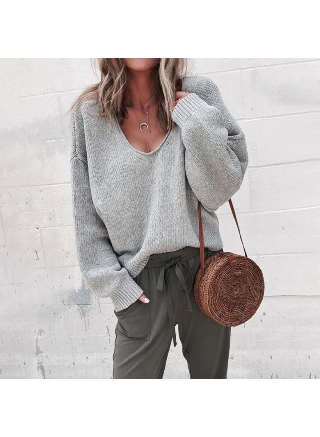 NIBEMINENT سويت شيرت عميق على شكل V للنساء أنيق فضفاض بأكمام طويلة محبوك سهل الخياطة موضة الخريف والشتاء للنساء - Image 1