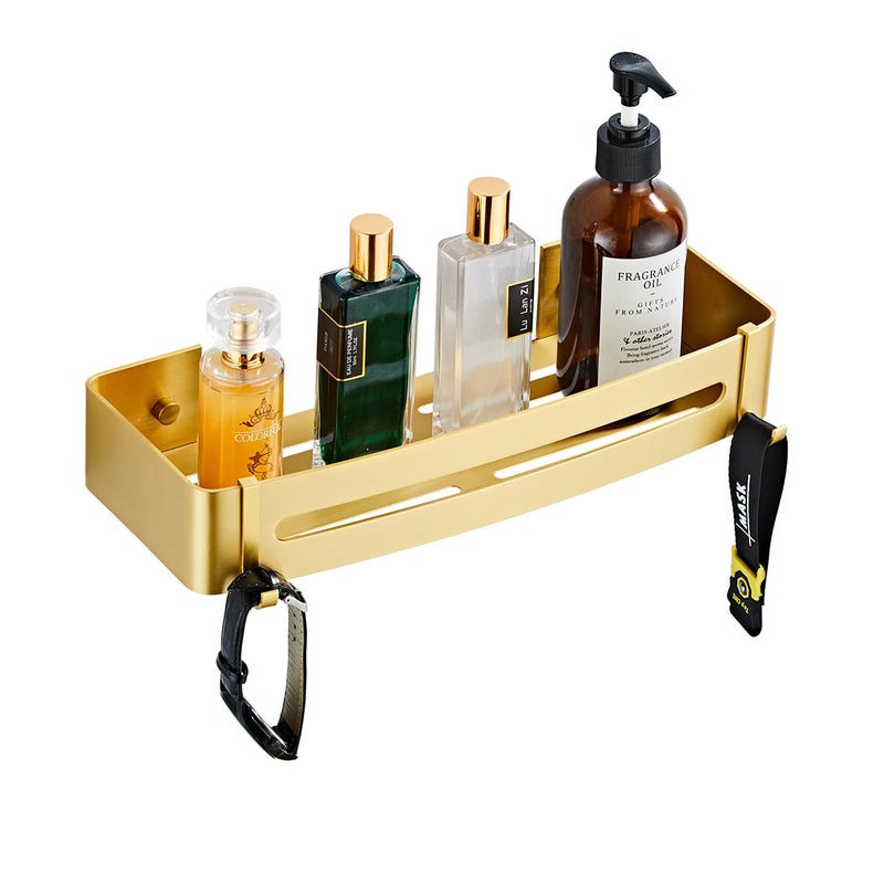 Hoinerus Brushed Gold Shower Shelf Adhesive or Drilling Shower Caddy Bathroom Cosmetics Holder with Hooks Shampoo Holder