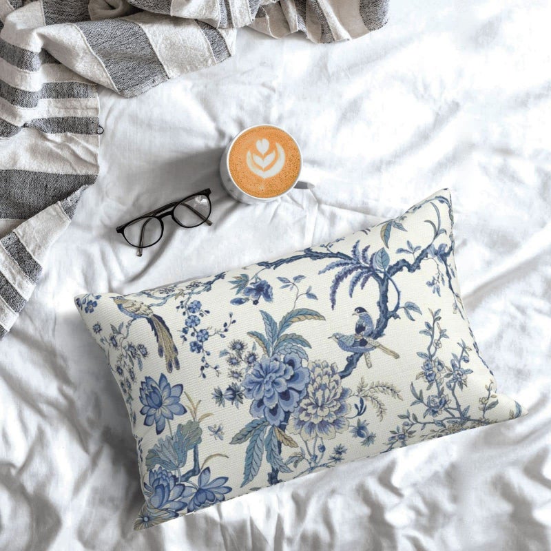 GIOPAMGO Chinoiserie Spring Pillow Covers 12x20 Set of 2, Birds Bule Floral Farmhouse Decorations Throw Pillow Covers Vintage White Blue Outdoor Decorative Linen Cushion Case for Couch Sofa Home - Image 3