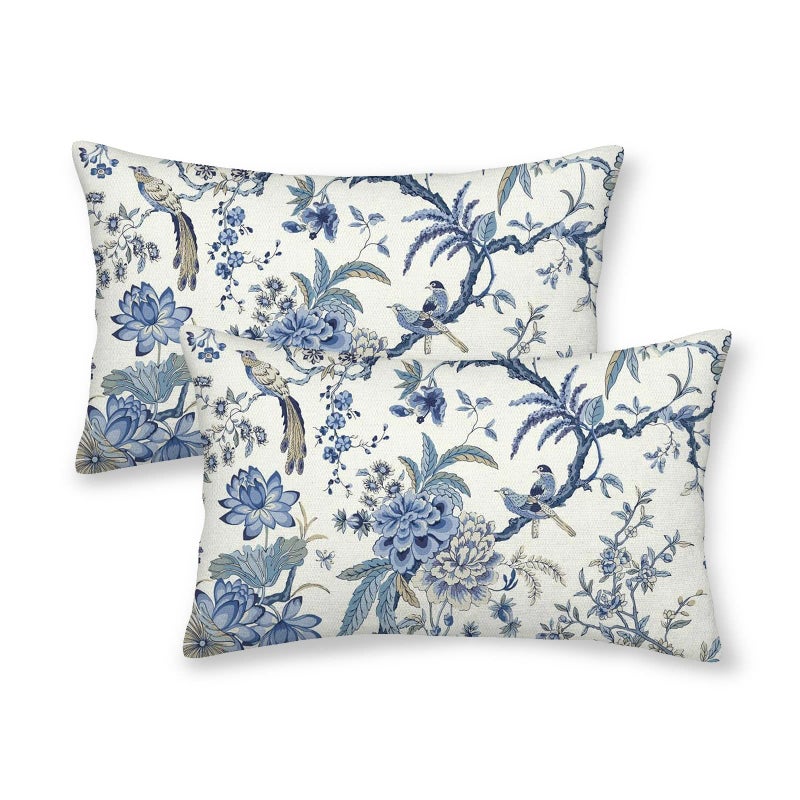 GIOPAMGO Chinoiserie Spring Pillow Covers 12x20 Set of 2, Birds Bule Floral Farmhouse Decorations Throw Pillow Covers Vintage White Blue Outdoor Decorative Linen Cushion Case for Couch Sofa Home - Image 1