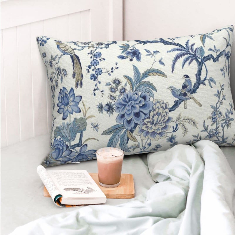 GIOPAMGO Chinoiserie Spring Pillow Covers 12x20 Set of 2, Birds Bule Floral Farmhouse Decorations Throw Pillow Covers Vintage White Blue Outdoor Decorative Linen Cushion Case for Couch Sofa Home - Image 2