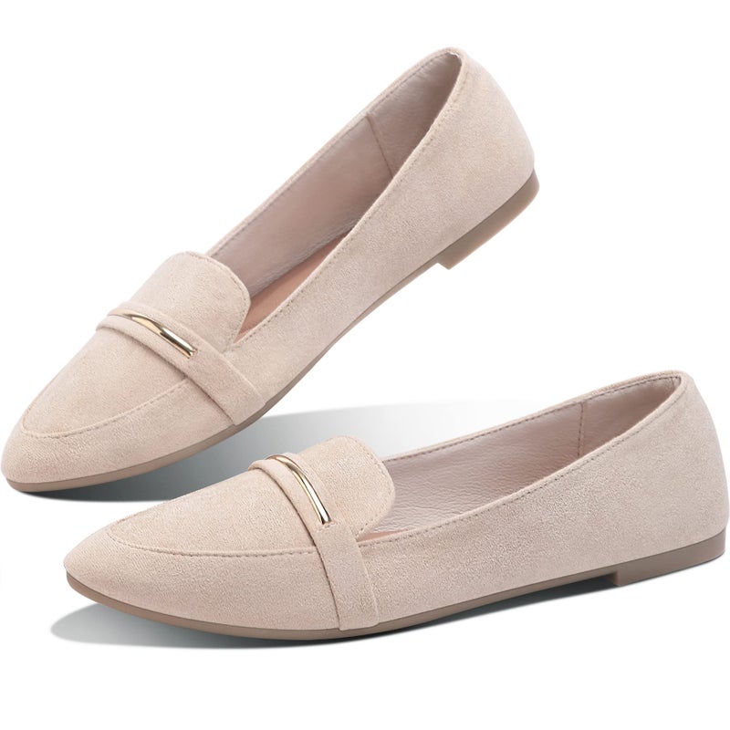 Obtaom Women's Pointy Toe Loafer Flat Comfortable Faux Suede Work Shoes,Cute Penny Loafer Slip On Ballet Flat(Beige US9) - Image 1