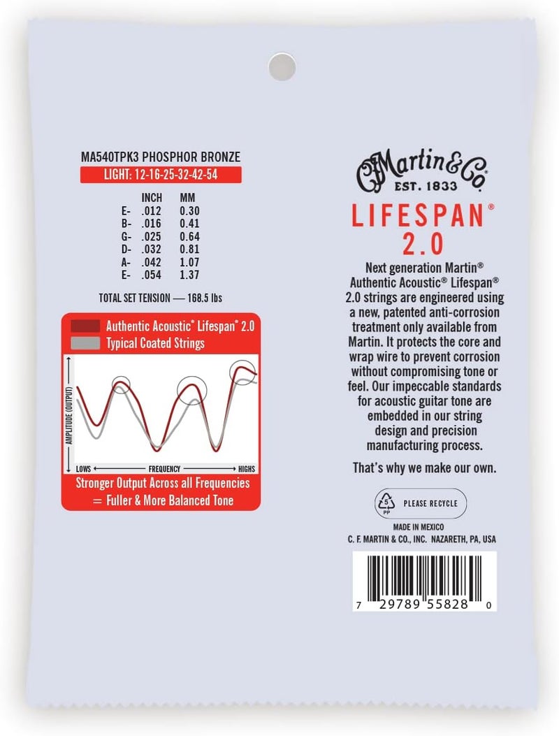 Martin Detachable clean Authentic Acoustic Guitar Strings - 3 Pack - Lifespan 2.0 Treated 92/8 Light Economical varied design options - Image 2