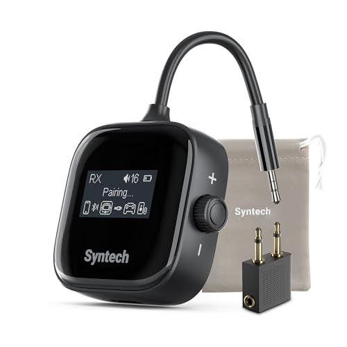 Syntech Airplane Bluetooth Transmitter 5.4 Adapter for 2 AirPods or Headphones, HD Display Low Latency 3.5mm AUX Bluetooth Audio Receiver, Travel Essentials for Flying, Car, TV, Gym, Home Stereo - Image 1