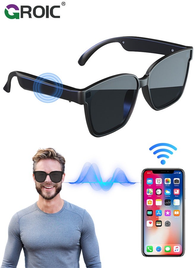 GROIC نظارات شمسية ذكية لاسلكية، نظارات ذكية، مكبرات صوت مدمجة، موسيقى ومكالمات بدون استخدام اليدين، توافق مع مساعد اللمس والصوت - Image 1