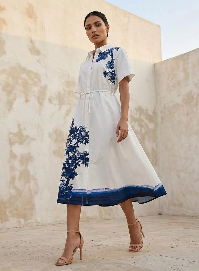 Iconic Printed Women Shirt Dress with Tie Up Belt
