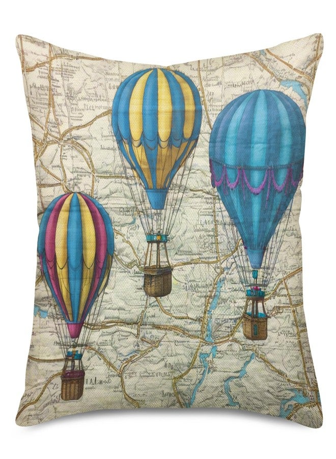Fukeen Retro Cotton Linen Throw Pillow Cases Romantic Theme Hot Air Balloon with Inspirational Words for Home Sofa Decorations Square Cushion Cover 18x18 Inches - Image 1