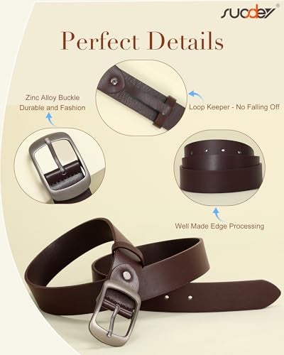 SUOSDEY Fashion Womens Genuine Leather Belt, Waist Belt with Pin Buckle for Jeans Pants, coffee,width 1.3'',Medium: fits waist from 31''-37'' - Image 3
