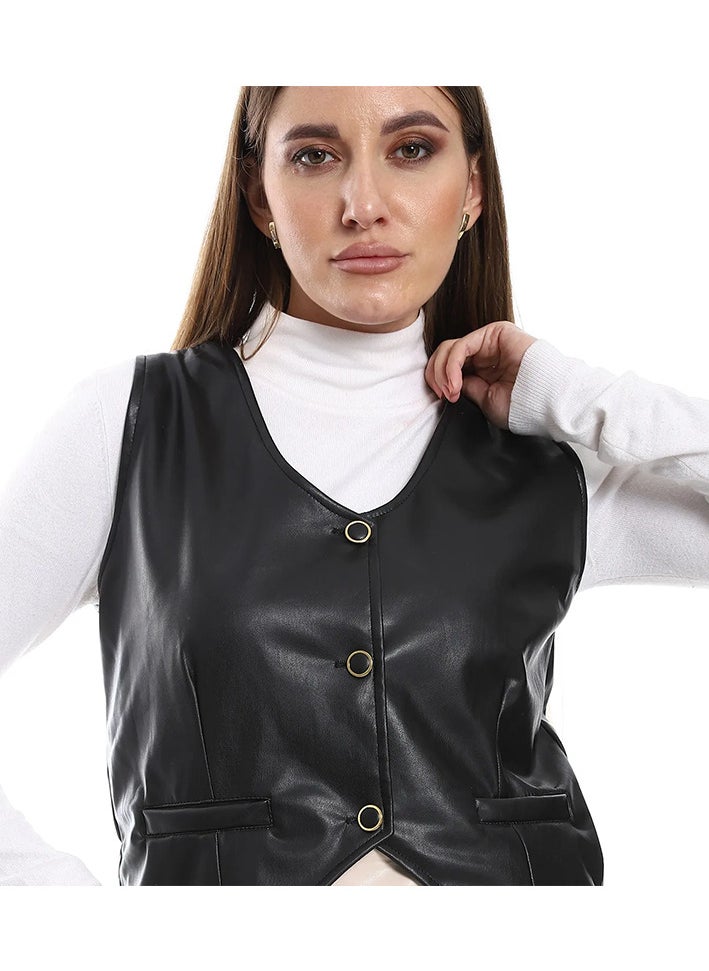 Mr.joe - Basic Leather Black 3 Buttons Round Vest - Image 1