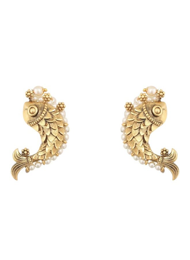 Tarinika Fish and Pearl Oxidized Classic Earrings(Gold-Plated Brass) - Indian Earrings for Women | Perfect for Ethnic Occasions | Traditional South Indian Jewelry | 1 Year Warranty* - Image 1