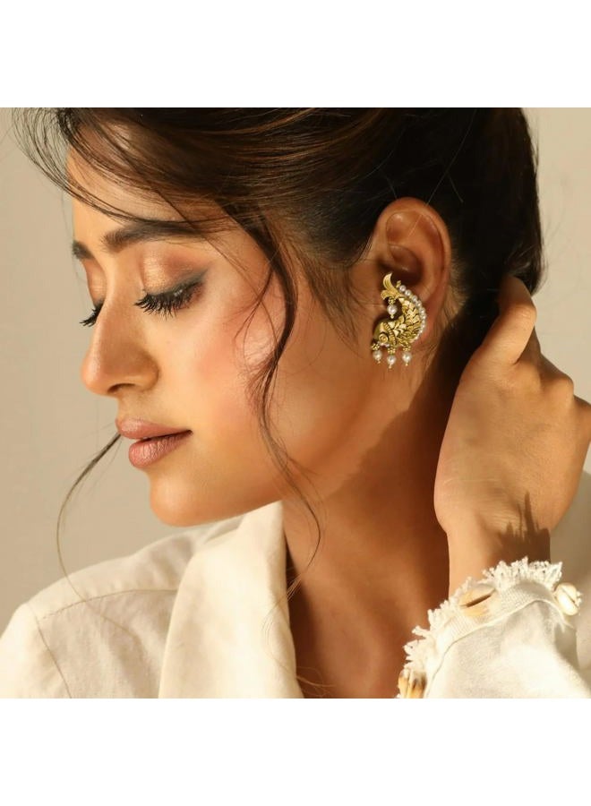 Tarinika Fish and Pearl Oxidized Classic Earrings(Gold-Plated Brass) - Indian Earrings for Women | Perfect for Ethnic Occasions | Traditional South Indian Jewelry | 1 Year Warranty* - Image 2