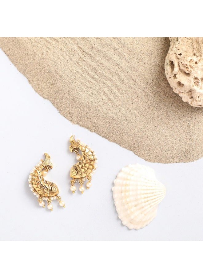 Tarinika Fish and Pearl Oxidized Classic Earrings(Gold-Plated Brass) - Indian Earrings for Women | Perfect for Ethnic Occasions | Traditional South Indian Jewelry | 1 Year Warranty* - Image 3