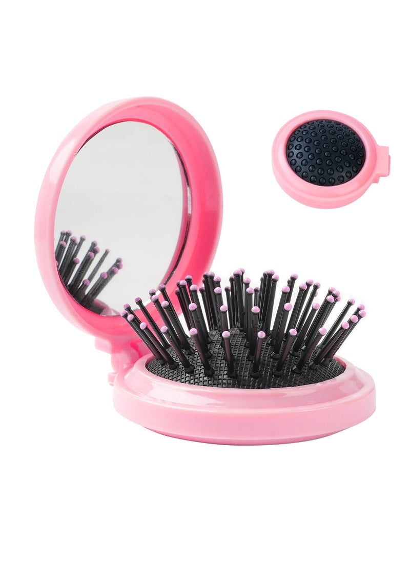 Tenalleys - 2 Pieces Folding Travel Mirror Hair Brushes Pocket Hair Comb Hair Brush with Mirror Round Mini Hair Brush for Women and Girls Pink - Image 1