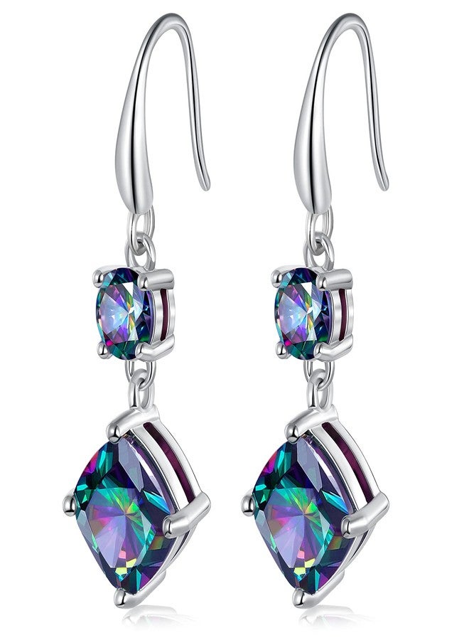 VOLUKA Rainbow CZ Dangle Earrings for Women|5mm Round & 8mm Cushion Created Mystic Topaz Fishook Earrings |18K White Gold Plated Hypoallergenic Jewelry Gift - Image 1