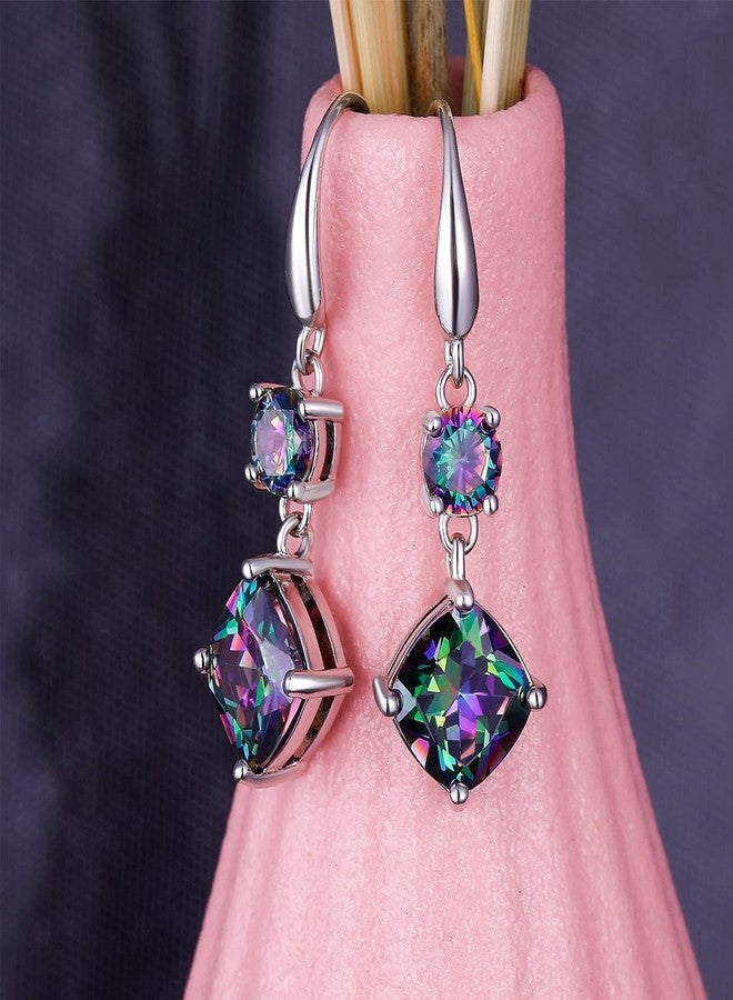 VOLUKA Rainbow CZ Dangle Earrings for Women|5mm Round & 8mm Cushion Created Mystic Topaz Fishook Earrings |18K White Gold Plated Hypoallergenic Jewelry Gift - Image 4