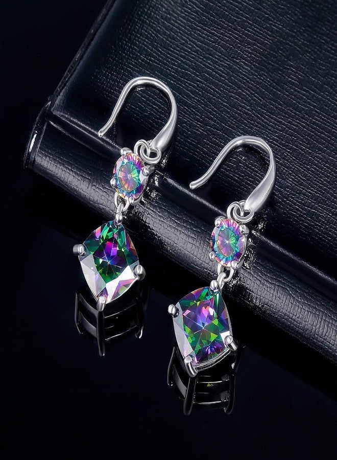 VOLUKA Rainbow CZ Dangle Earrings for Women|5mm Round & 8mm Cushion Created Mystic Topaz Fishook Earrings |18K White Gold Plated Hypoallergenic Jewelry Gift - Image 5