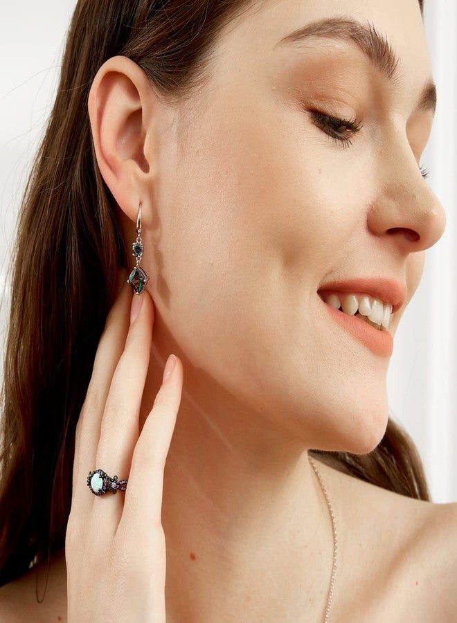 VOLUKA Rainbow CZ Dangle Earrings for Women|5mm Round & 8mm Cushion Created Mystic Topaz Fishook Earrings |18K White Gold Plated Hypoallergenic Jewelry Gift - Image 3