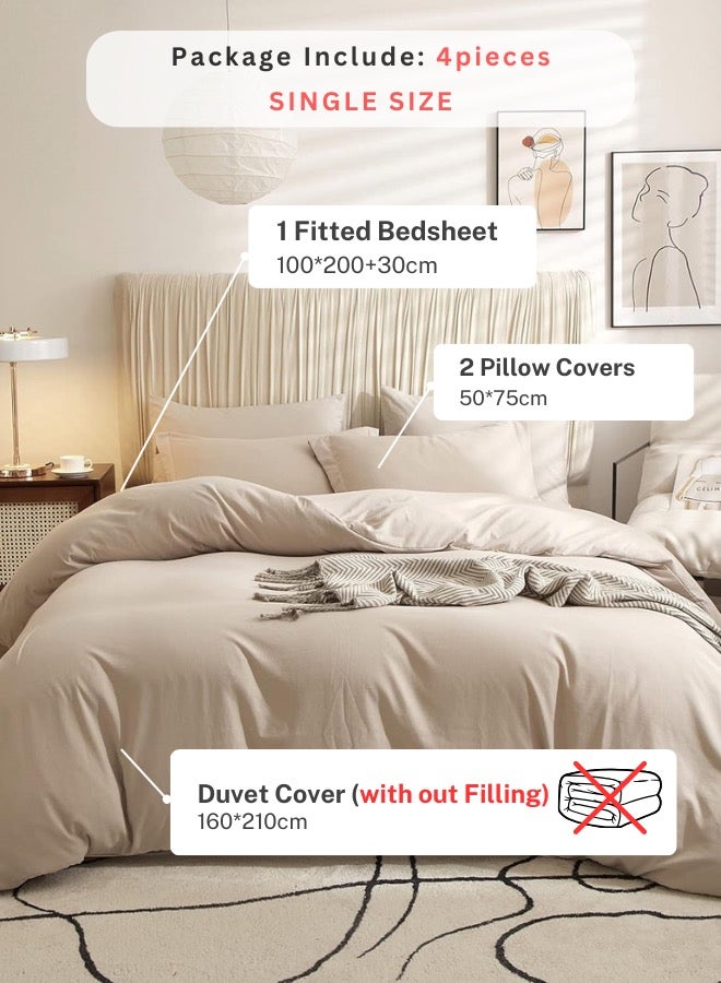 LUNA Home Single Size 4 Pieces Bedding Set,  Washable Cotton Light Beige - Image 2