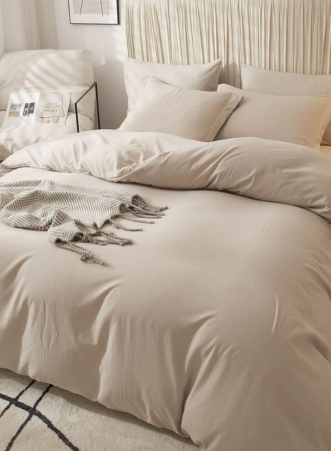 LUNA Home Single Size 4 Pieces Bedding Set,  Washable Cotton Light Beige - Image 3