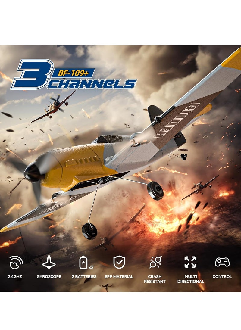 RC Plane, 3 Channel BF-109 Remote Control Airplane Fighter Toys, RC Glider Toy, 2.4GHz 6-axis Gyro Stabilizer RTF Glider Aircraft Plane with 2 Batteries, Outdoor Hobby WWII Toy Gift, Easy to Fly  - Image 2